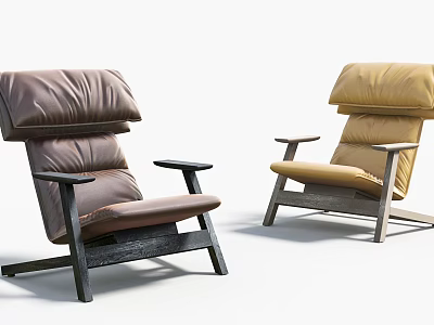 Modern Brown and Yellow Accent Chairs with Sturdy Wooden Frame and Plush Cushions 3d model