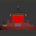 Chinese Style Architectural Model Featuring Red Body Green Roof Dragon Ornaments Stone Lions And Lanterns
