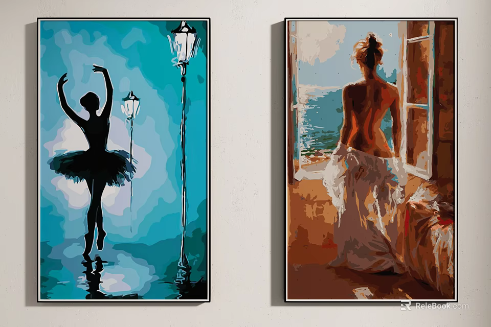 Decorative Paintings Featuring Ballet Dancer Silhouette Woman Back View By Window With Sea View 3d model 