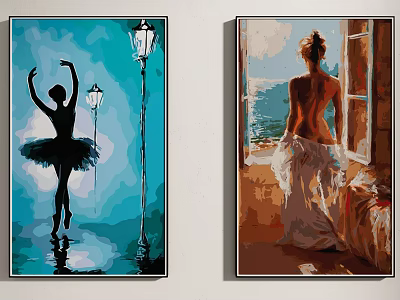 Decorative Paintings Featuring Ballet Dancer Silhouette Woman Back View By Window With Sea View 3d model