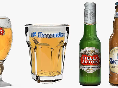 Beer Bottles and Glasses with Stella Artois Hoeegaarden and Yellow Liquid 3d model