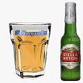 Beer Bottles and Glasses with Stella Artois Hoeegaarden and Yellow Liquid