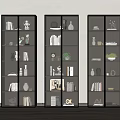 Elegant Modern Multi Tiered Display Cabinet With Glass Doors Books Vases Green Plants And Lighting