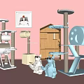 Colorful Cat Trees And Wooden Pet House With Stuffed Toys And Wall Art
