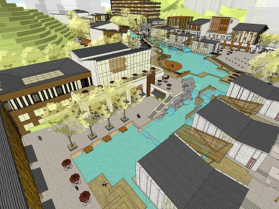 Commercial Street With Modern Traditional Architecture Water Features And Outdoor Seating Areas 3d model