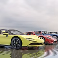 Colorful Sports Cars With Water Reflections Under Scenic Overcast Sky