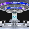 AI Energy Station Art Installation with Modern Tech Silver Metal Circular Platform and Glowing Elements