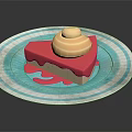 Pink Cake Slice With Cream Topping On Blue Paper Plate And Red Sauce Drizzle