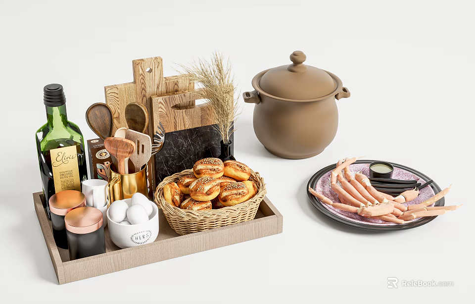 Fresh Buns and Ham Slices on Wooden Tray with Olive Oil Clay Pot and Wheat 3d model 