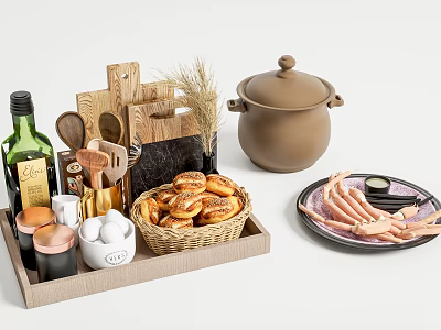 Fresh Buns and Ham Slices on Wooden Tray with Olive Oil Clay Pot and Wheat 3d model