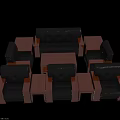 Tech Exhibition Hall Furniture Setup With Black Leather Sofas Wooden Coffee Tables And Chairs