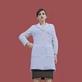 Woman in White Coat and Black Skirt Standing on White Platform with Red Background