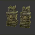 Scenic View Of Ancient Stone Pillars With Lion Head Decorations Covered In Moss