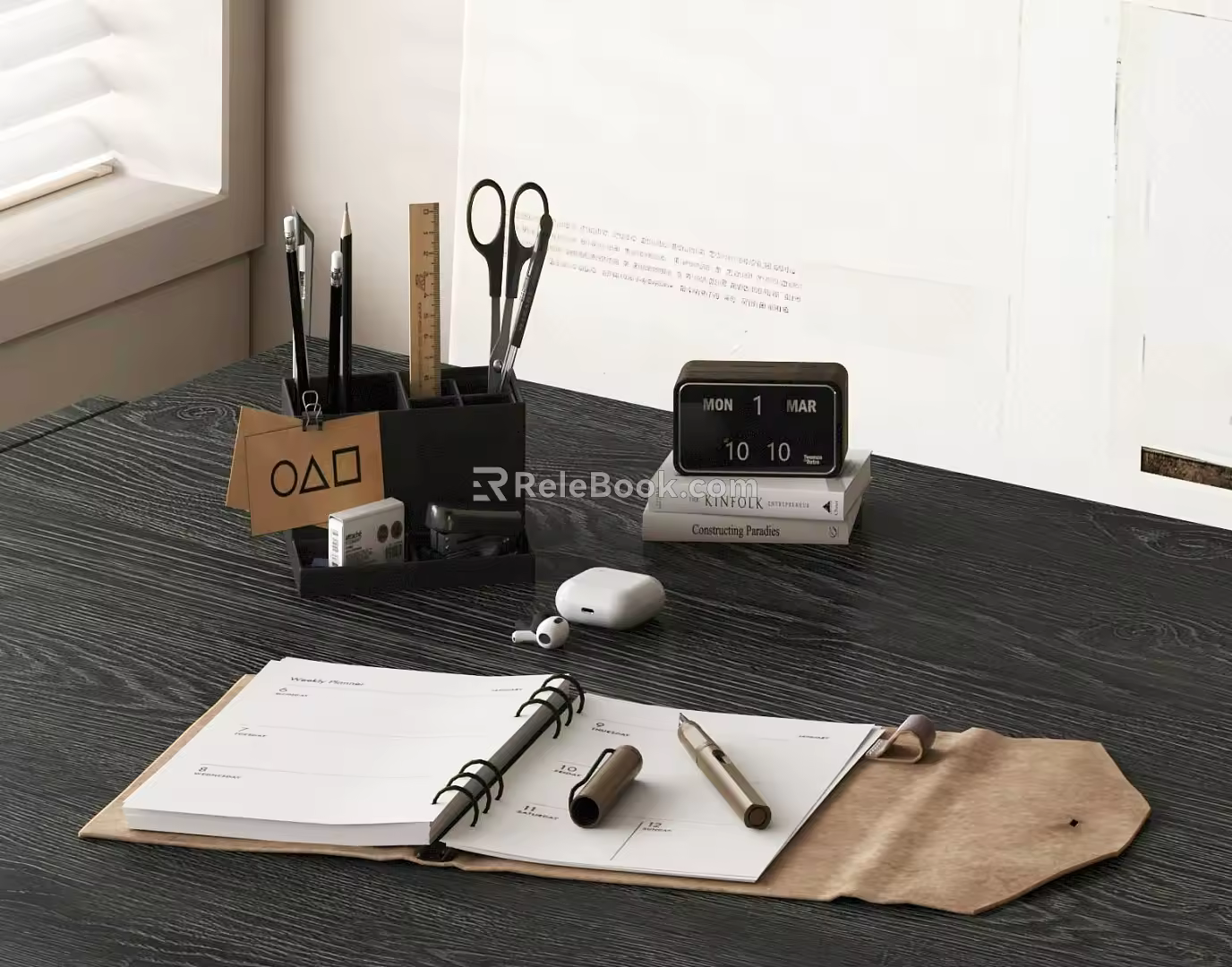 Notebook pen container electronic desk calendar headset 3d model