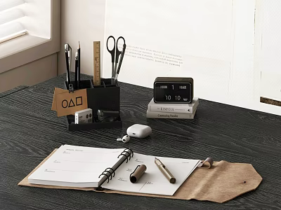 Spiral Bound Notebook On Desk With Pens Pencil Sharpener Stationery Holder And Alarm Clock 3d model
