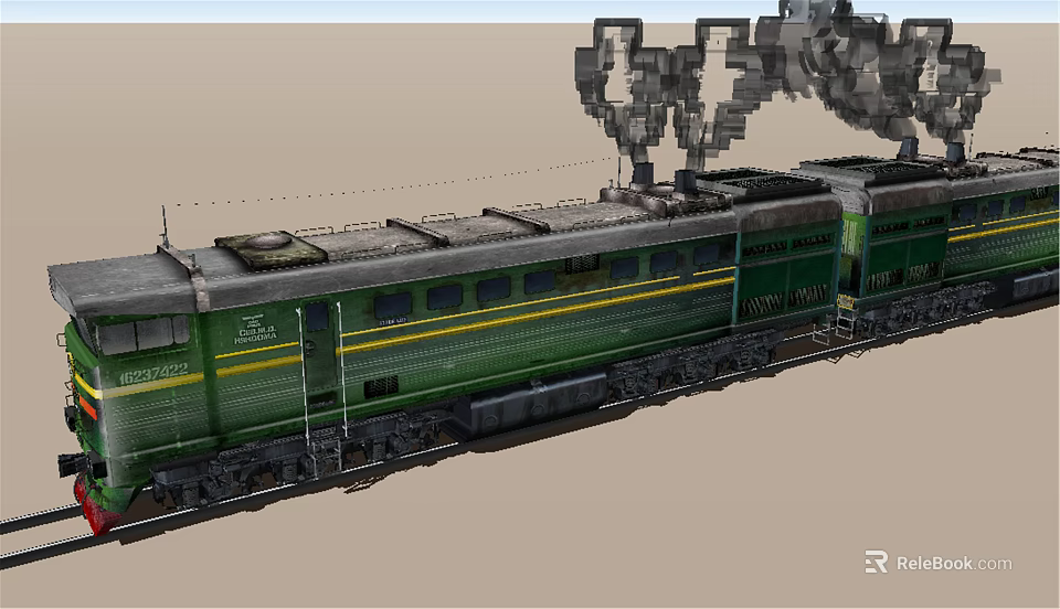 Vintage Green Train With Yellow Stripes And Steam Rising From Top 3d model 