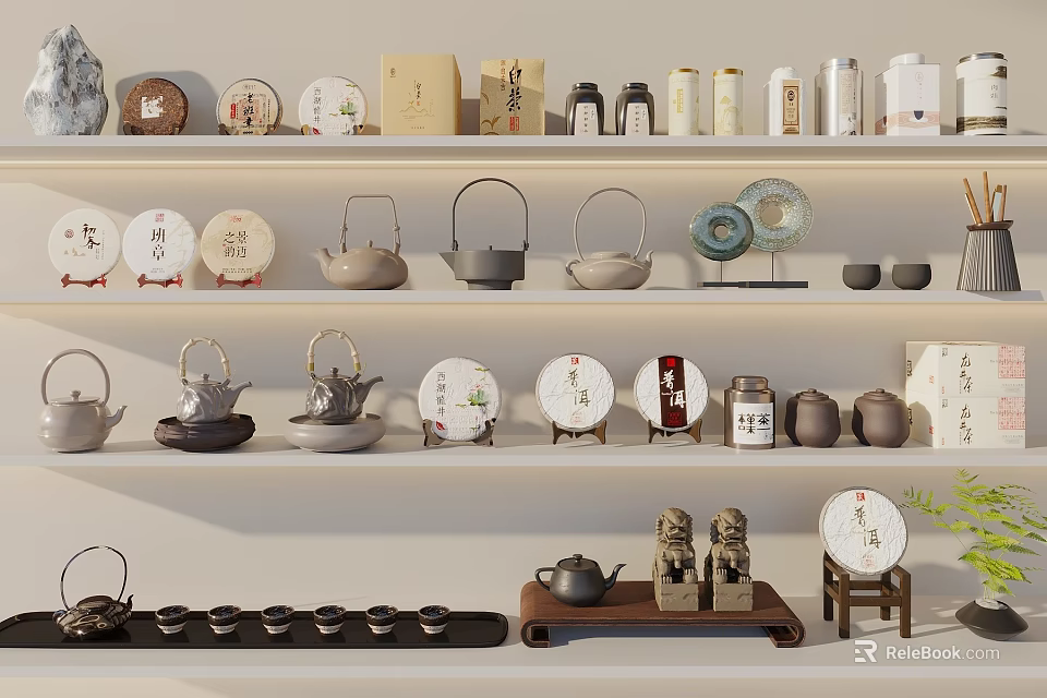 Traditional Chinese Tea Sets Featuring Teapots Cups Trays and Decorative Lion Statues 3d model 