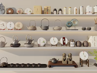 Traditional Chinese Tea Sets Featuring Teapots Cups Trays and Decorative Lion Statues 3d model