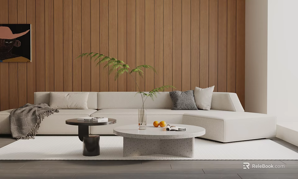 Three-Seater Beige Sofa In Modern Interior With Wooden Wall Green Plant And Pillows 3d model 