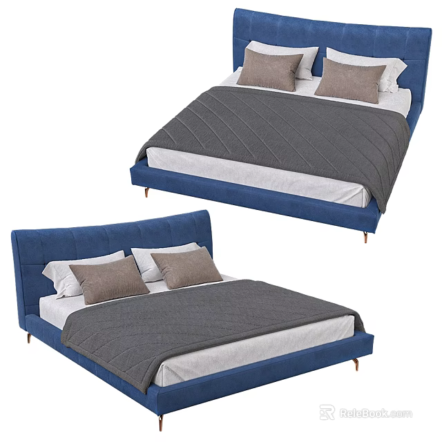 Modern Double Bed with Blue Upholstered Headboard Gray Comforter and Brown Pillows 3d model