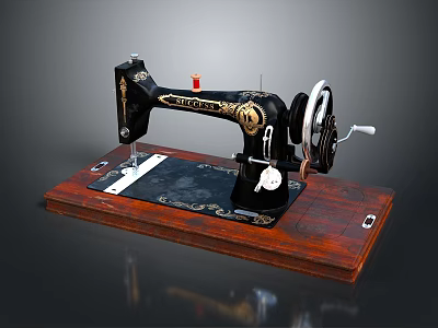 Vintage Black Sewing Machine With Gold Decorations On Wooden Base 3d model