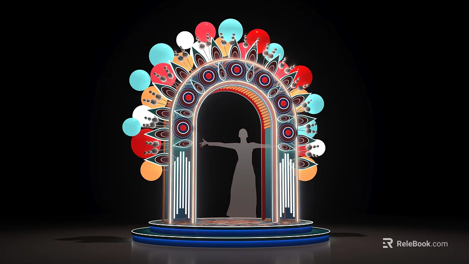 Vibrant Art Installation With Archway Human Silhouette And Colorful Circular Geometric Decorations 3d model 