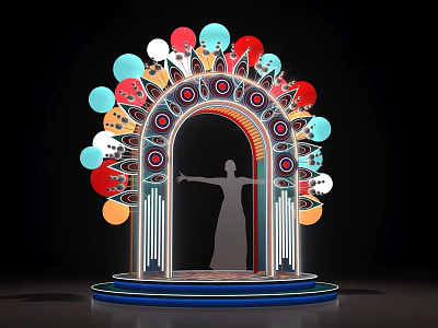 Vibrant Art Installation With Archway Human Silhouette And Colorful Circular Geometric Decorations 3d model