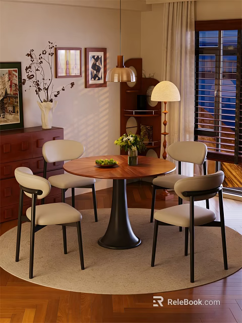 Cozy Wooden Round Dining Table With Four Beige Chairs Green Flower Vase And Fruit Plate 3d model 