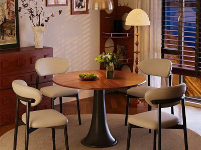 Cozy Wooden Round Dining Table With Four Beige Chairs Green Flower Vase And Fruit Plate 3d model