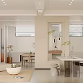 Modern Kitchen and Dining Interior With White Cabinets Dining Table Chairs Plant And Window Blinds