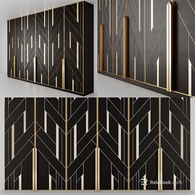 Elegant Modern Wardrobe Interior Design With Black Finish And Gold Geometric Lines 3d model 