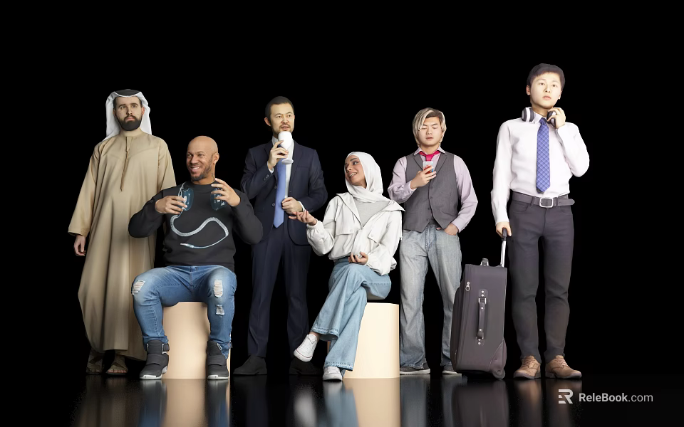Diverse Group of People Standing Sitting With Luggage and Various Clothing Styles 3d model 