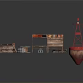 Construction Scene Components With Red Tower Wooden Roof Bricks And Columns