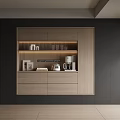 Modern Wooden Sideboard With Dark Gray Cabinet Glass Shelves LED Lighting And Coffee Machine