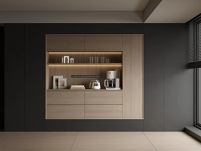 Modern Wooden Sideboard With Dark Gray Cabinet Glass Shelves LED Lighting And Coffee Machine 3d model