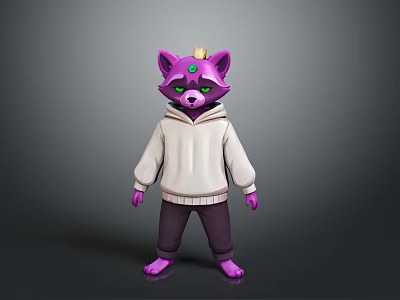 3D Purple Raccoon Character With Golden Crown Green Eyes White Hoodie And Dark Pants 3d model