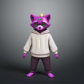 3D Purple Raccoon Character With Golden Crown Green Eyes White Hoodie And Dark Pants