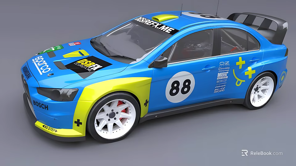 Blue And Yellow Racing Car With Number 88 And Sponsor Logos 3d model 