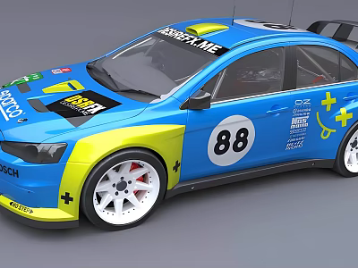 Blue And Yellow Racing Car With Number 88 And Sponsor Logos 3d model