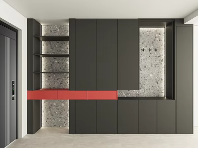 Modern Black And Red Shoe Cabinet With Textured Wall Storage Design 3d model