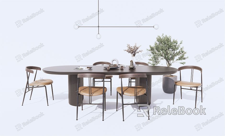 Modern Dining Table and Chair Combination Dining Table and Chair Leisure Chair Potted Plant model