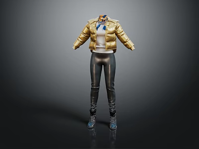 Stylish Metallic Gold Puffer Jacket With Scarf Black Leggings And Boots Outfit 3d model