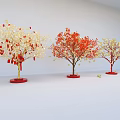 Elegant Floral Art Display Three Decorative Trees White Red Yellow Blossoms Red Bases And Red Ornaments