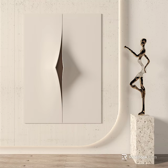 Modern Wall Decor With Textured White Panel And Metal Sculpture On Pedestal 3d model 