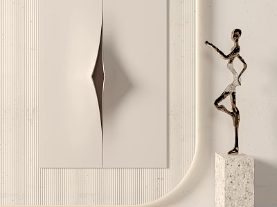 Modern Wall Decor With Textured White Panel And Metal Sculpture On Pedestal 3d model
