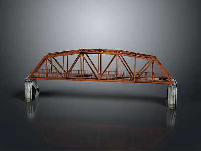 Orange Metal Truss Bridge With Concrete Piers And Water Reflection On Gray Background 3d model