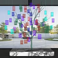 Colorful Transparent Decorative Blocks On Green Tree Trunk Installation With Marble Tabletop And Window View