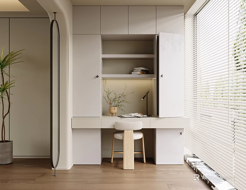 Modern Home Balcony With White Cabinets Desk Wooden Chair Plants Table Lamp And Blinds 3d model 