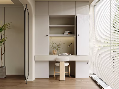 Modern Home Balcony With White Cabinets Desk Wooden Chair Plants Table Lamp And Blinds 3d model