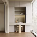 Modern Home Balcony With White Cabinets Desk Wooden Chair Plants Table Lamp And Blinds